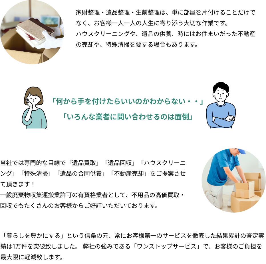 家財整理・遺品整理・生前整理は、単に部屋を片付けることだけでなく、お客様一人一人の人生に寄り添う大切な作業です。ハウスクリーニングや、遺品の供養、時にはお住まいだった不動産の売却や、特殊清掃を要する場合もあります。「何から手を付けたらいいのかわからない・・」「いろんな業者に問い合わせるのは面倒」当社では専門的な目線で「遺品買取」「遺品回収」「ハウスクリーニング」「特殊清掃」「遺品の合同供養」「不動産売却」をご提案させて頂きます！一般廃棄物収集運搬業許可の有資格業者として、不用品の高価買取・回収でもたくさんのお客様からご好評いただいております。「暮らしを豊かにする」という信条の元、常にお客様第一のサービスを徹底した結果累計の査定実績は1万件を突破致しました。当社の強みである「ワンストップサービス」で、お客様のご負担を最大限に軽減致します。