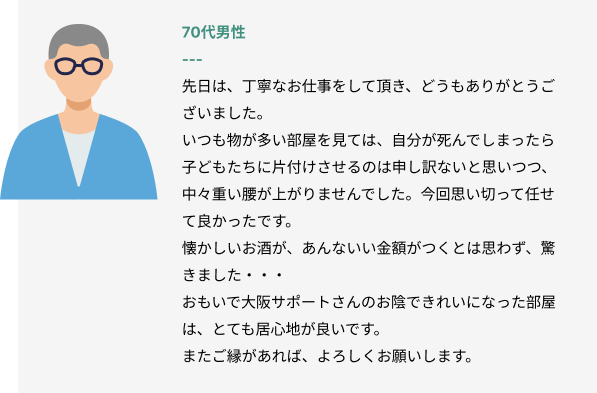 70代男性
先日は、丁寧なお仕事をして頂き、どうもありがとうございました。
いつも物が多い部屋を見ては、自分が死んでしまったら子どもたちに片付けさせるのは申し訳ないと思いつつ、中々重い腰が上がりませんでした。今回思い切って任せて良かったです。
懐かしいお酒が、あんないい金額がつくとは思わず、驚きました・・・
おもいで大阪サポートさんのお陰できれいになった部屋は、とても居心地が良いです。
またご縁があれば、よろしくお願いします。